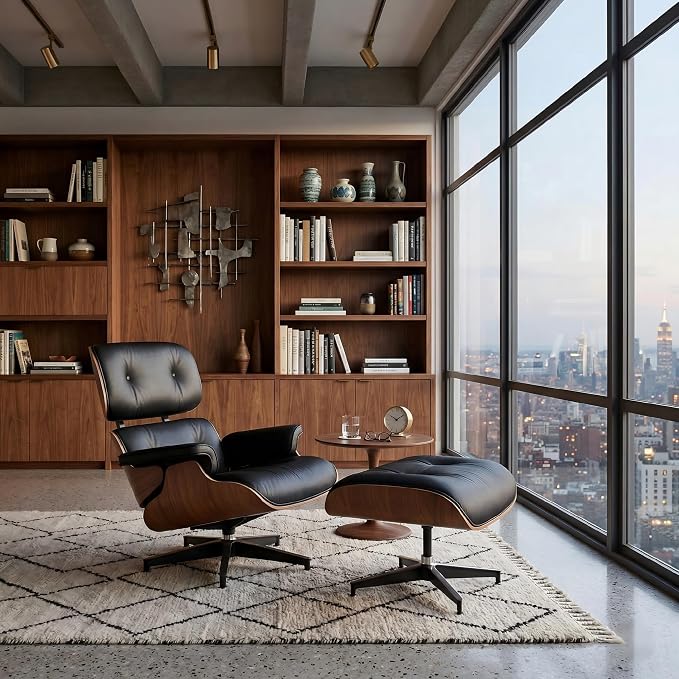 Mid Century Chaise Lounge Chair with Ottoman, Top Black Grain Leather, Modern Office Chair Classic Design, Heavy Duty Base Support for Living Room Study Lounge Office