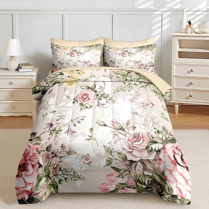Nesker 7 Pcs Comforter Set Queen Size, Vintage Flower Summer Bedding Set for Kids and Adults, Rose Floral Shabby Chic Sheets Bed Sheet Sets with Fitted Sheet 2 Pillowcases & 2 Shams