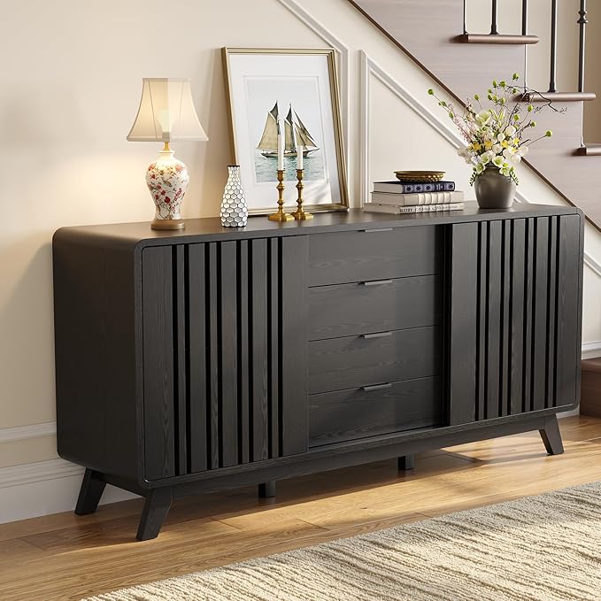 ONBRILL Sideboard Buffet Cabinet with Storage, Fluted Buffet Cabinet with Sliding Doors & 4 Drawers, Mid Century Modern Coffee Bar Wine Bar Credenza for Living Room, Kitchen (Black)