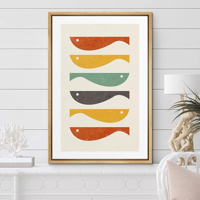 Woodrose Framed Canvas Print Wall Art Ocean Fish Nordic Silhouette Variety Animals Shapes Illustrations Modern Minimalist Chic Relax/Calm Multicolor for Living Room, Bedroom, Office - 16"x24" Natural