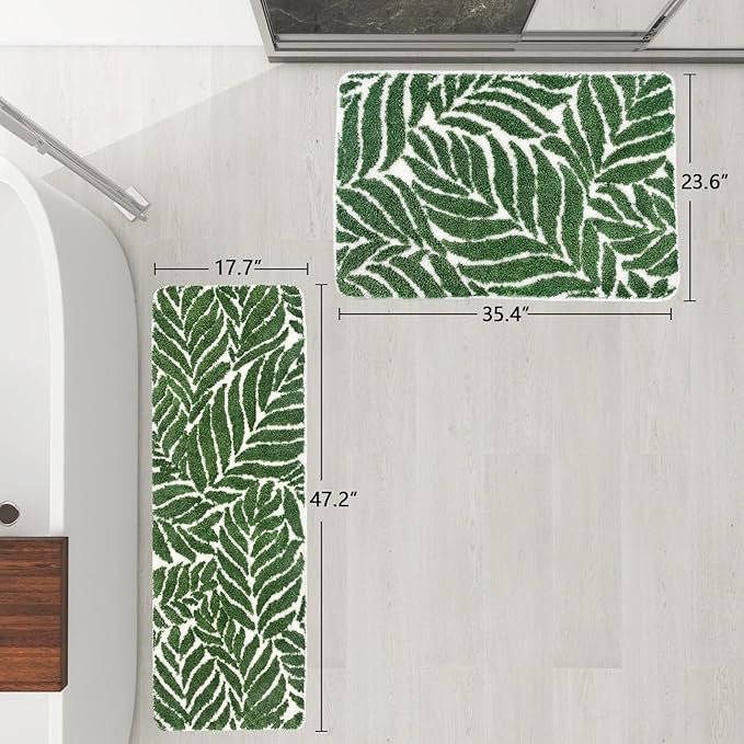 Dark Green Leaf Bathroom Rugs - Bath Mats for Bathroom Non Slip Machine Washable Decor Water Absorbent Bath Rugs for Sink Bathtub and Shower Leaves 24" x 36"