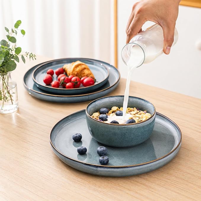 GBHOME Ceramic Dinnerware Sets for 4, 12 Pieces Stoneware Plates and Bowls Sets, Reactive Glaze Dishes -Scratch Resistant, Dishwasher&Microwave Safe, Space Blue