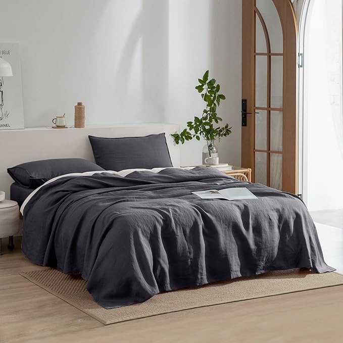 EVERLY Linen Queen Sheets Set, 100% Stonewashed French Linen Bed Sheets Deep Pocket Sheets, 4 Pieces (1 Flat Sheet, 1 Fitted Sheet, 2 Pillowcases) Natural Flax Bedding Set-Dark Grey