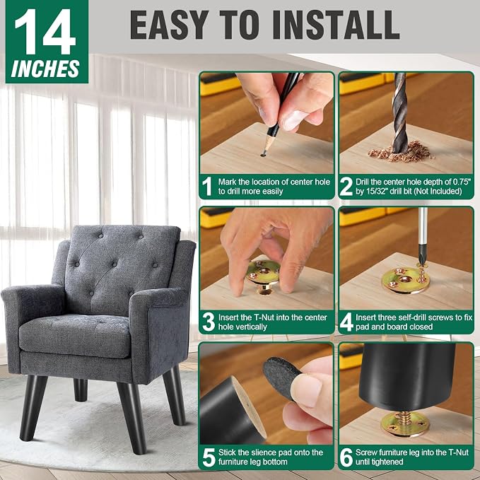 FoDau770 Black Rubber Wood Furniture Legs 14 Inches, 5/16" UNC Slant Tapered Wood Feet Mid Century Sofa Legs, Wooden Furniture Feet Replacement Parts for Cabinet Couch Dresser Chair Ottoman Table
