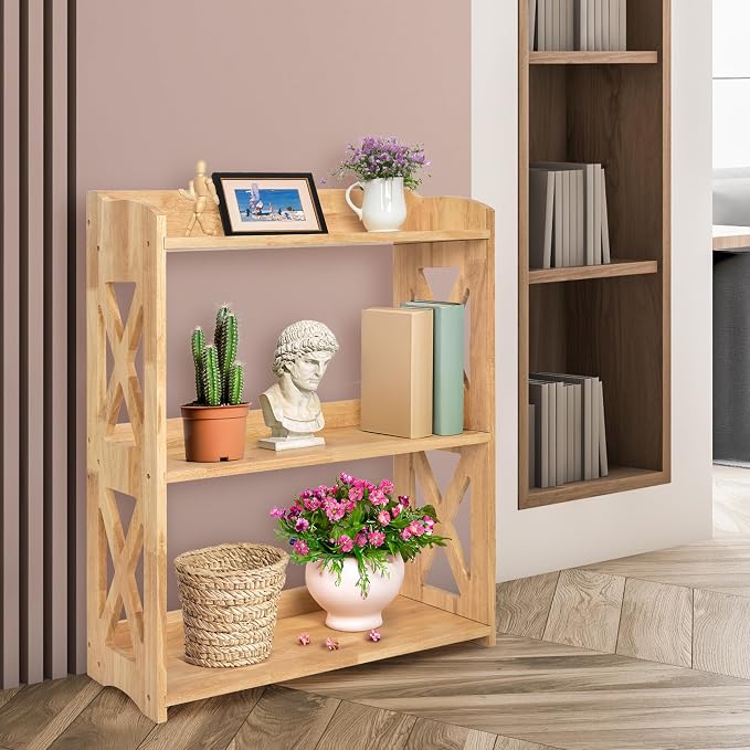 Wooden 3 Tier Bookshelf, Small Wood Bookcase Storage Shelf, Open Shelf Organizer for Bedroom, Living Room and Office (Natural, 3 Tier)
