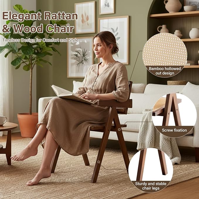 Furlide Rattan Accent Chairs, Modern Mid Century Dining Chairs Set of 2, Comfy Armchairs, Outdoor Rattan Chairs with Armrest for Bedroom Living Room Reading Room Dining Kitchen, Brown