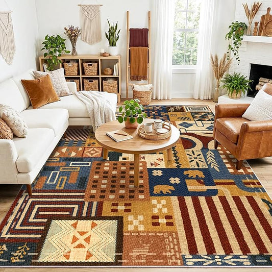 8x10 Southwestern Patchwork Large Area Rug, Geometric Tribal Colorful Rugs for Living Room, Non-Slip Stain Resistant Washable Indoor Carpet for Bedroom, Entryway, Dining Room, Home Office Decor