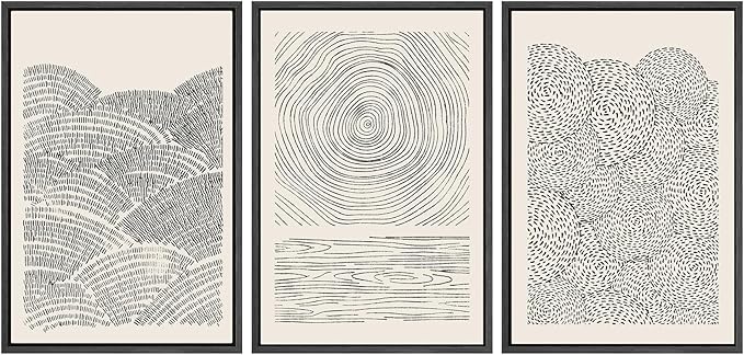 SIGNWIN Framed Canvas Print Wall Art Set Geometric Spiral Ring Wave Pattern Abstract Shapes Cozy Neutral Modern Art Decorative Contemporary Minimal for Living Room, Bedroom, Office - 16"x24"x3 Black