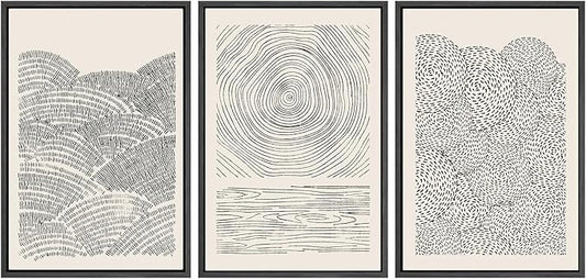 SIGNWIN Framed Canvas Print Wall Art Set Geometric Spiral Ring Wave Pattern Abstract Shapes Cozy Neutral Modern Art Decorative Contemporary Minimal for Living Room, Bedroom, Office - 24"x36"x3 Black