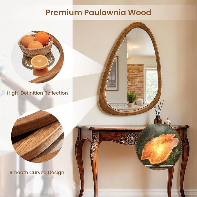30" x 20" Asymmetrical Wall Mirror with Brown Wood Frame, Irregular Wall Mirror for Bedroom Entryway Living Room, HD Tempered Glass, Horizontal or Vertical Hanging