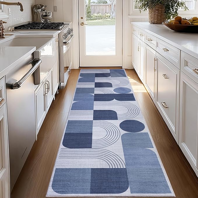 Machine Washable 2.7x8 Runner Rug, Soft Modern Geometric Abstract Blue Rugs for Bedroom Living Room, Non-Shedding Faux Wool Indoor Throw Floor Carpet for Office Entryway Dining Room Decor