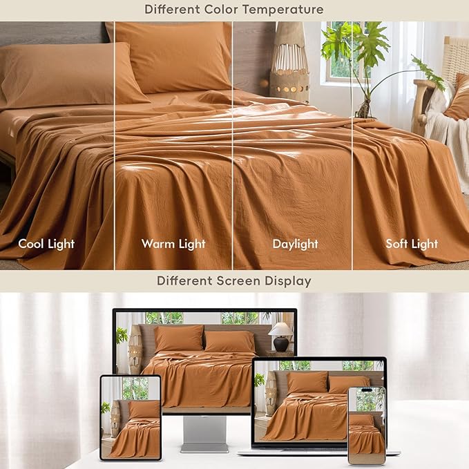 MooMee Bedding Sheet Set 100% Washed Cotton Linen Like Textured Breathable Durable Soft Comfy (Solid Burnt Orange, Queen)