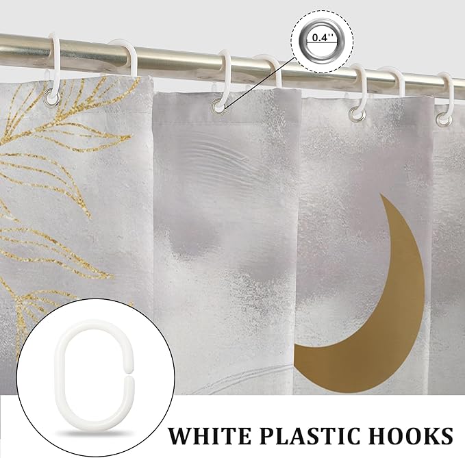 Boho Shower Curtain Abstract Modern Geometric Leaves Shower Curtain Mid Century Minimalist Moon Pattern Decor Bath Curtain Waterproof Fabric with Hooks 72x78