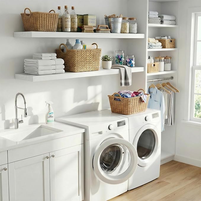 IEO Long Wooden Floating Shelves for Room Wall, Natural Wood Floating Shelves Wall Mounted Kitchen Shelf for Living Room, Bedroom, Kitchen,Bathroom, Storage (White, 48in 2tier)