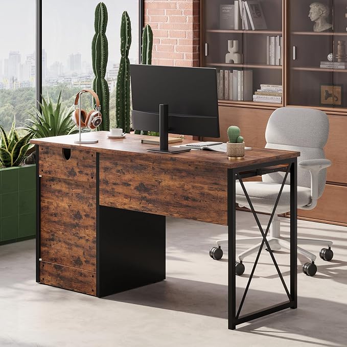 Bestier 47" Computer Desk with Drawers, Home Office Desk with Keyboard Tray, Reversible Industrial Office Desk with Storage Cabinet for Small Space Home Office & Studio, Rustic Brown
