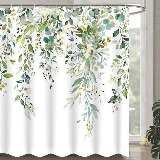 84 Inch Extra Long Green Eucalyptus Shower Curtain Watercolor Floral Plant Leaf Shower Curtains for Bathroom Botanical Flower Waterproof Fabric Bath Curtain with Hooks (Green, 72'' x 84'')