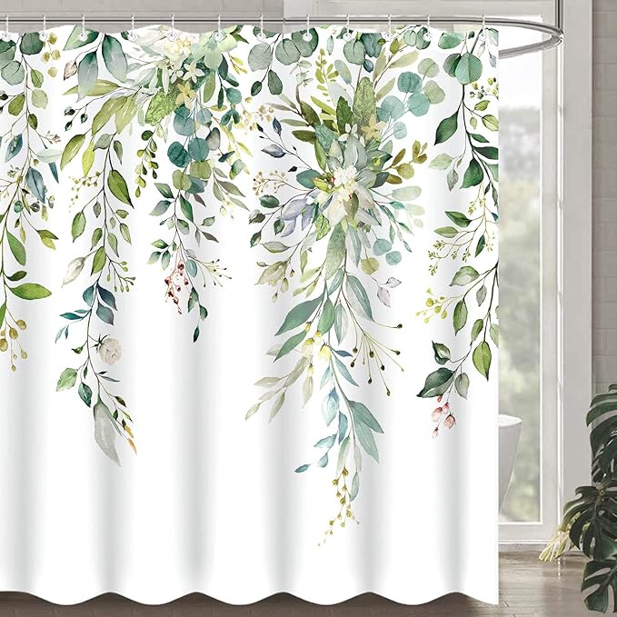 Green Eucalyptus Shower Curtain Watercolor Floral Plant Leaf Shower Curtains for Bathroom Sage Botanical Flower Waterproof Fabric Bath Curtain Decor with Hooks (Green, 72'' x 72'')