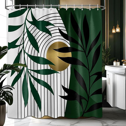 Olive Green and Gold Shower Curtain, Boho Modern Mid Century Shower Curtains for Bathroom Decor, Waterproof Fabric with Hooks, 70" W x 84" L (Pack of 1)