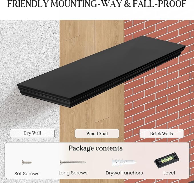 Fun Memories Floating Shelves 55 Inch Long, 9.3 Inch Deep Classic Crown Molding Floating Shelves for Wall, Rustic Wooden Shelves for Wall Decor Bathroom, Kitchen, Office, (Black, 1Pack)