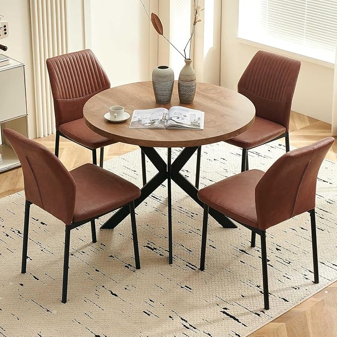 37" Round Dining Table Set for 4, Mid Century Modern Small Coffee Set for Dining Room Kitchen Apartment (Walnut Table + 4 PU Leather Brown Chairs)