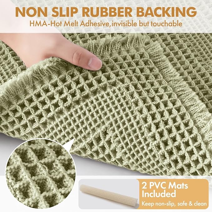 MIULEE Set of 2 Waffle Bathroom Rugs, Boho Bath Rug Super Absorbent, Non Slip Washable Ultra Soft Rubber Backed Shower Bath Mats for Floor, Tub, Shower, Looped Design, Sage Green, 17x24 Inch