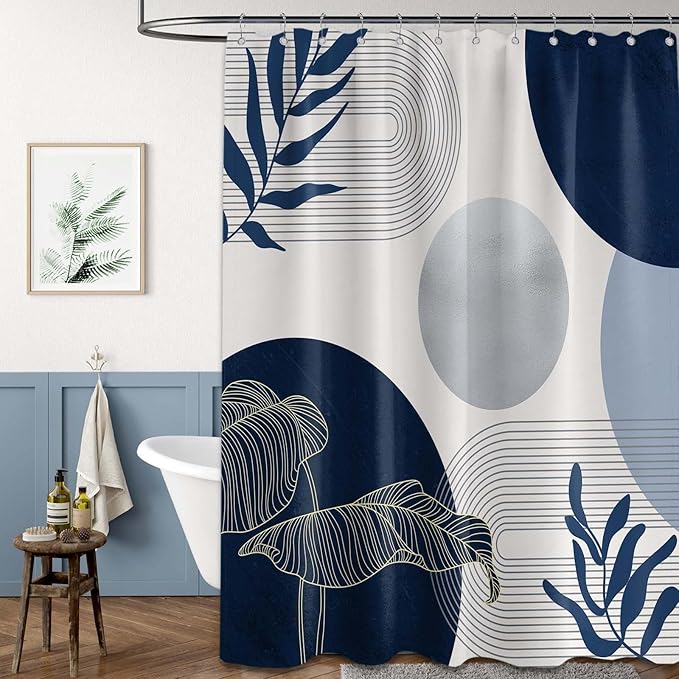 Navy Blue and White Shower Curtain Mid Century Modern Dark Blue Boho Shower Curtains for Bathroom Decor MCM Mens Cool Bath Curtain Set, Waterproof Fabric with Hooks 70 x 84 Inch