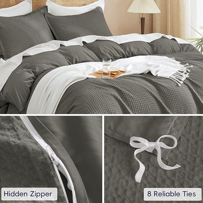 PHF Waffle Weave Duvet Cover Set Queen Size, No Snagging Ultra Soft Luxury Textured Breathable Comforter Cover for All Season 3pcs, Durable Bedding Duvet Set with 2 Pillow Shams, 90"x90", Grey