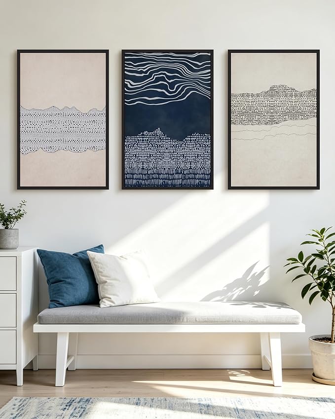 KUVIOKE Navy Blue Abstract Framed Wall Art Modern Neutral Minimalist Wooden Pastel Boho Wall Decor Farmhouse Rustic Art Painting Home Decor 24x36in (Black Framed)