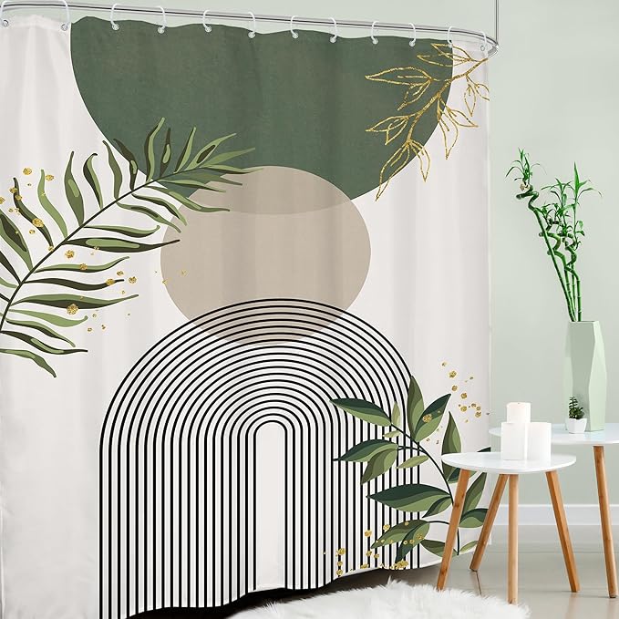 Green Boho Shower Curtain 72Wx96H Extra Long Mid Century Modern Abstract Green Gold Minimalist Leaves Sun Arch Bathroom Decor Geometric Plant Bath Curtain Fabric Polyester 12 Pack Hooks