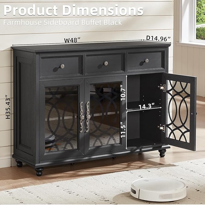 Farmhouse Sideboard Buffet Cabinet with Storage,48" Large Credenza with 3 Glass Doors & 3 Drawers,Adjustable Shelves Console Table,Wood Kitchen Coffee Bar for Dining Room,Kitchen,Black
