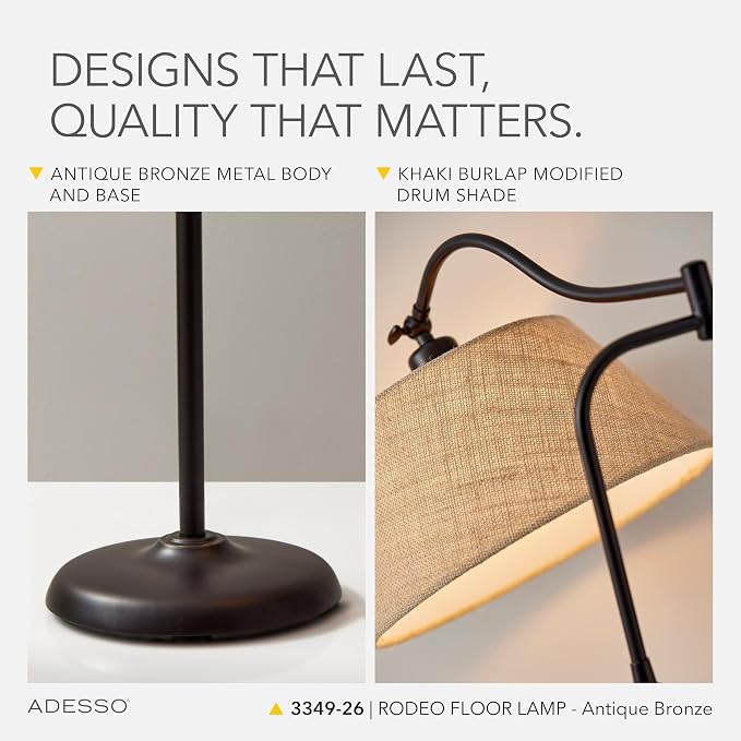 Adesso Floor Lamp, Antique Bronze Finish, Khaki Burlap Lampshade – 3-Way Brightness, Adjustable Overhead Bedroom, Home Office Lighting, or Living Room Decor, 60.25” Tall