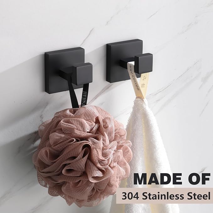 LANC 2PCS Towel Hooks for Bathroom Wall Hooks,Matte Black Robe Hooks Square Coat Hooks, Heavy Duty Stainless Steel Hand Towel Hanger for Bathroom,Kitchen,Bedroom,Hotel, Wall Mount A8805MB-P2