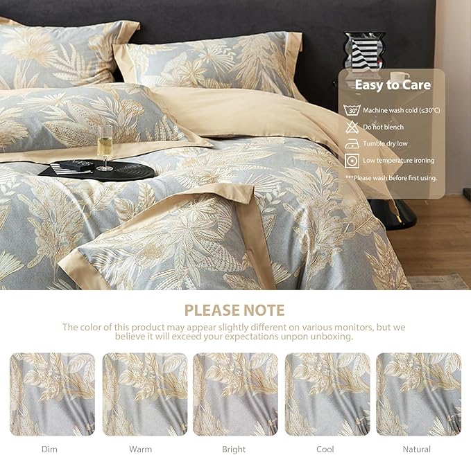 100% Cotton Duvet Cover King Size Set - Reversible Floral Botanical Design, Soft Breathable & Skin-Friendly Comfort for All Season, Includes 1 Patterned Duvet Cover 104"x90" + 2 Pillowcases