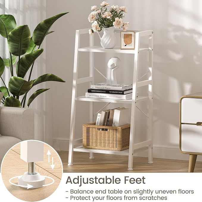 3-Tier Bookshelf, Ladder Shelf, Stand Up Shelves, Industrial Bookcase with Steel Frame, Metal Small Bookcase, for Living Room, Home Office, Kitchen, Bedroom, Industrial Style（White）