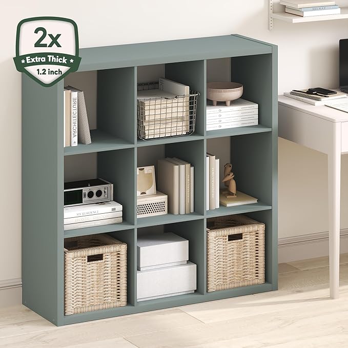 Furinno Cubicle Book Shelf, 9-Cube Bookshelf, Extra Thick Frame Reversible Bookcase with Open Back, 14.6" x 44" x 44", for Living Room, Bedroom, Home Office, Sage Green