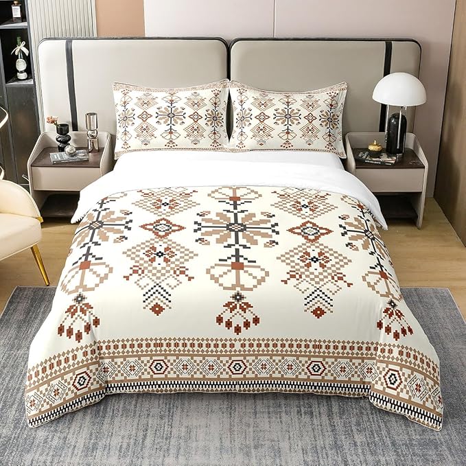 100% Cotton Aztec Duvet Cover Full Ethnic Bedding Set Abstract Floral Boho Geometric Flowers Comforter Cover Traditional Oriental Pattern Bedroom Decor Brown Yellow Quilt Cover For Adult Woman