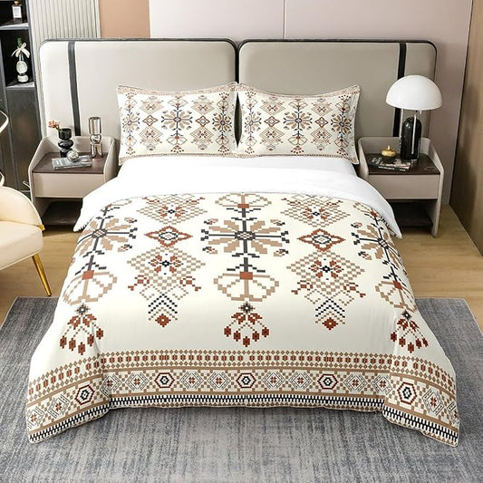 100% Cotton Aztec Duvet Cover Full Ethnic Bedding Set Abstract Floral Boho Geometric Flowers Comforter Cover Traditional Oriental Pattern Bedroom Decor Brown Yellow Quilt Cover For Adult Woman
