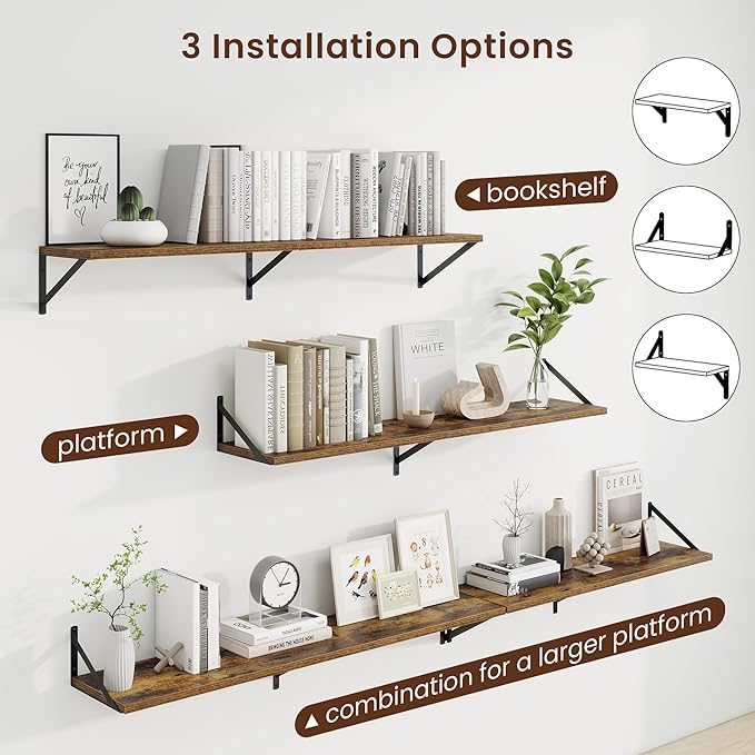 Axeman 48 Inch Floating Shelves | 10 Inch Deep Brown Wall Shelves Set of 2 | 48" W x 10" D Rustic Brown Floating Shelves for Living Room Bathroom Kitchen