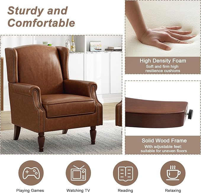 Pia Ricco Set of 2 Faux Leather Accent Chairs, High Back Wingback Armchairs with Retro Floral Design, Nailhead Trim & Solid Wood Legs for Living Room Bedroom Home Office (Brown)