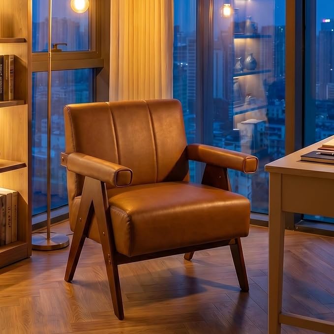 AODAILIHB Mid Century Modern Accent Chair, Solid Wood Frame Brown Leather Armchair, Modern Reading & Living Room Chair for Office Guest & Waiting Room