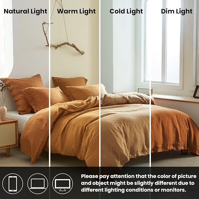 Simple&Opulence 100% Linen Duvet Cover Set 3pcs with Coconut Button Closure Natural French Washed Flax Solid Color Soft Breathable Farmhouse Bedding - Rust, Full Size