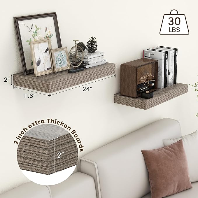 Deep Floating Shelves | 24 Inch Grey Floating Shelves Set of 2 | 12 Inch Deep Rustic Wood Shelves for Wall | 24" W x 12" D Grey Shelves for Living Room Bathroom Laundry Room Kitchen