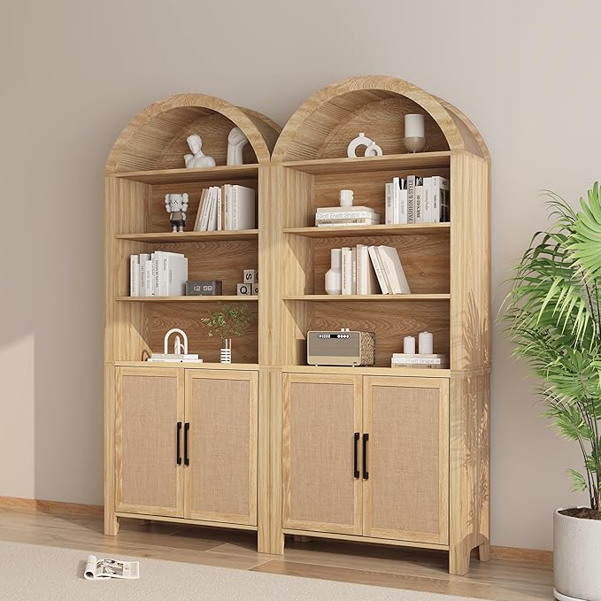 Janmer Home 71" Tall Arched Bookcase with Storage, Modern 6-Tier Cabinet with Door, Arched Bookshelf Cabinet with Open Display Storage Shelf for Living Room (Natural, 71inch 2pcs-Doors)