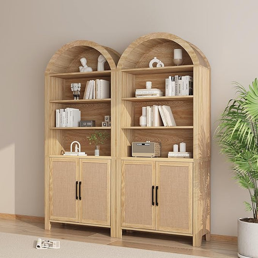 Janmer Home 71" Tall Arched Bookcase with Storage, Modern 6-Tier Cabinet with Door, Arched Bookshelf Cabinet with Open Display Storage Shelf for Living Room (Natural, 71inch 2pcs-Doors)