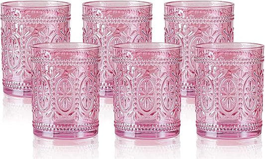 Darlion 6 Pack Pink Vintage Glassware Set, 10oz Romantic Drinking Glasses, Colored Water Glasses, Pink Embossed Glass Cups for Juice, Cocktails, Beer, Iced Tea, Soda