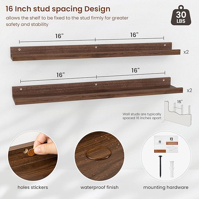 Axeman 30 Inch Floating Shelves | Walnut Picture Ledge Shelf Set of 4 | Rustic Wood Wall Shelves with Lip | 30" Walnut Picture Shelf for Wall with Ledge | Photo Shelves