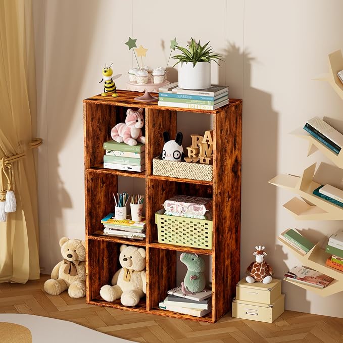 6 Cube Storage Organizer, Open Bookshelf Storage Cubes Shelf with Back Panel, Wooden Display Shelf Bookcase Standing Shelves for Living Room, Bedroom, Home Office (Vintage Brown, 6-Cube)