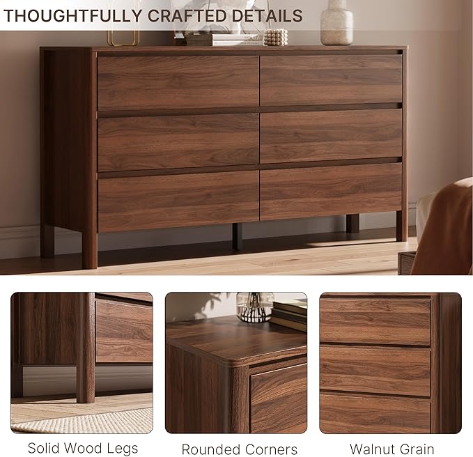 Walnut Dresser for Bedroom, 55.1" Wide Dresser with 6 Drawers and Hidden Handles, Modern Wood Chest of Drawers for Clothes and Accessories, Stylish Storage Cabinet for Living Room, Entryway
