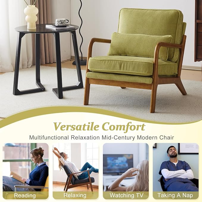 VINGLI Upgraded Premium Corduroy Accent Chairs Set of 2,Upholstered Arm Chair,Solid Wood Comfy Reading Chair with Pillow, Mid Century Modern Chairs for Living Room,Bedroom,Green