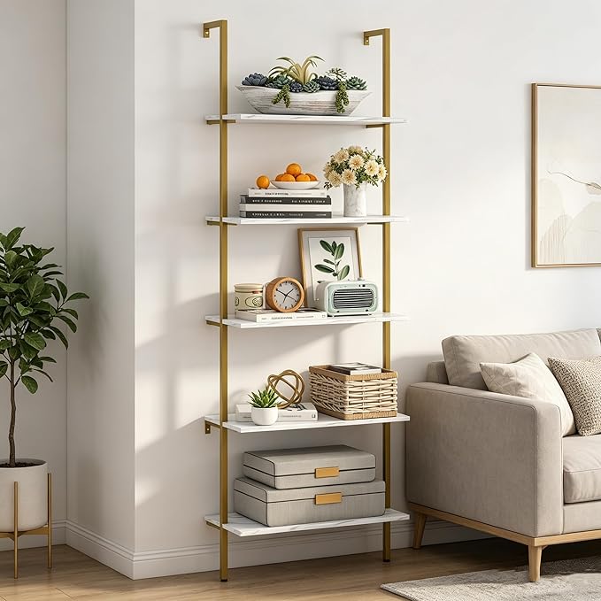 Wolawu 5 Tiers Ladder Shelf White Marble Modern Bookshelf Open Tall Wall Mount Bookcase Standing Leaning Wall Shelves Industrial Decorative